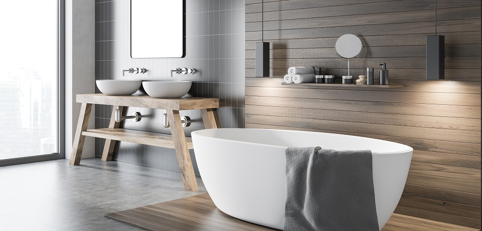 Black,And,Wooden,Wall,Bathroom,Corner,With,A,Tub,And